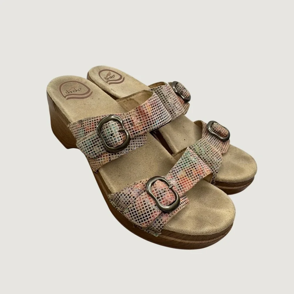 Dansko Women's Sandals Size‎ 40 10 Multicolor Mosaic Leather Buckle Wedge Slides